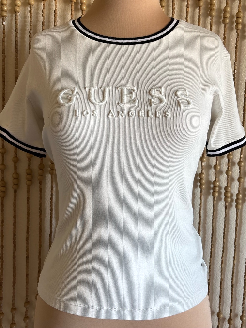 Y2K Guess Los Angeles Ribbed White Black Trim Short Sleeve Stretch Crew Cut Tee